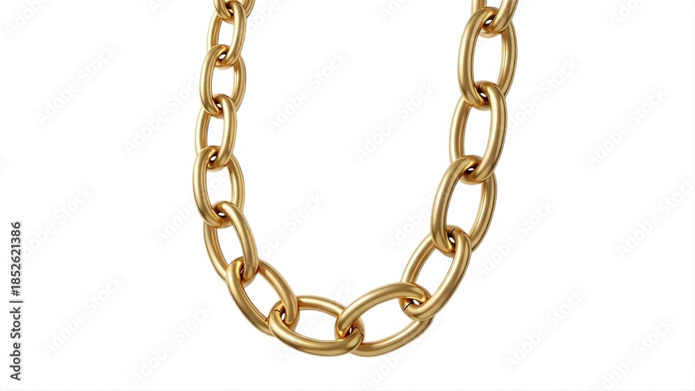 Obraz premium A strong heavy metallic shiny golden chain with many oval links curving downwards, isolated on white background