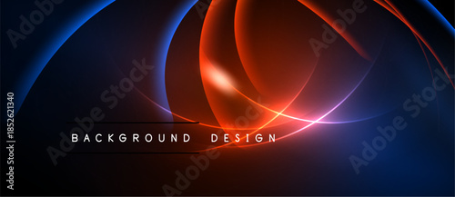 Abstract design features vibrant blue, orange curves. Dark background emphasizes flowing lines, modern aesthetic. Text reads background design.