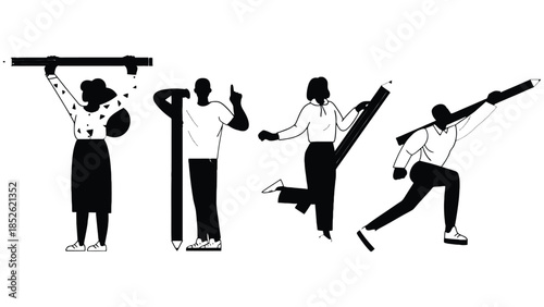 Diverse group of people creatively engaging with giant pencils, symbolizing ideas and inspiration.