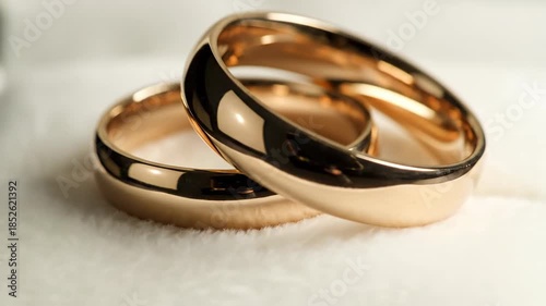 Two Elegant Rose Gold Wedding Rings Intertwined on a Soft White Textured Background With Subtle Lighting Creating Warm Reflections Symbolizing Love and Commitment