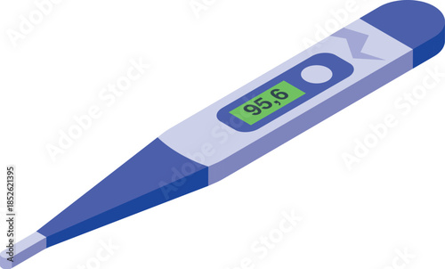 Electronic thermometer displaying temperature reading in isometric view, ideal for healthcare and medical presentations