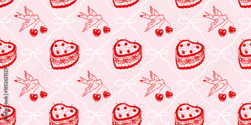 Seamless romantic pattern with red cherry cake and flying swallows on a soft pink background. Cute hand drawn illustration in vintage style for Valentine’s Day, wedding stationery, wrapping paper