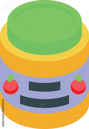 Apple sauce, baby food or other fruit puree in a closed jar with a green lid and blank purple label, isometric view