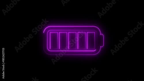 Neon glowing battery full charging icon animated on a black background.