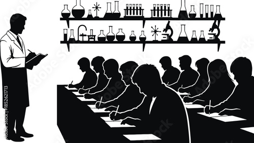 Teacher instructing students in a science lab setting with scientific equipment on shelves.