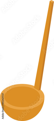 Wooden kitchen utensil with a long handle, ideal for serving soups and stews, presented in isometric view