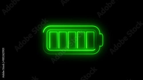 Neon glowing battery full charging icon animated on a black background.
