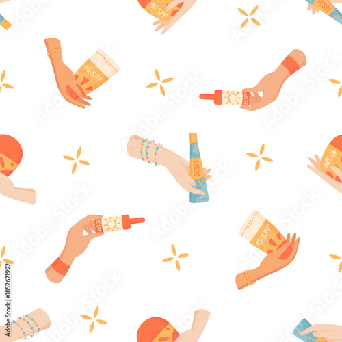 Flat seamless pattern of sunscreen bottle, tube, spray, cream, sunblock, spf, hand, woman hold. Sun protection background, cosmetic summer care shape. Ideal for health skincare seamless concept.