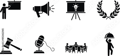 Collection of icons representing public speaking presentation and award concepts