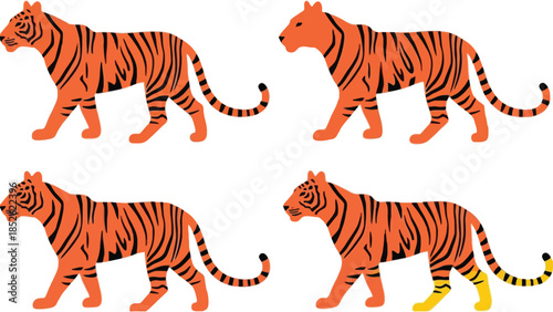 Four stylized tigers, three identical, one with yellow paws, against a white background