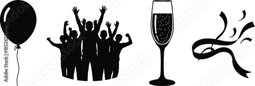 Party celebration icons with balloon people champagne and confetti