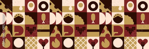 Fast food mosaic background with geometric burger and pizza ice cream pattern.