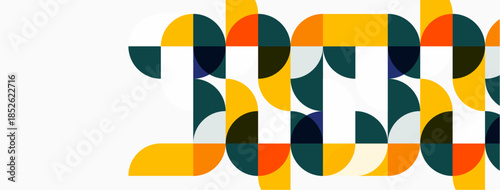 Abstract geometric pattern. Circles, semicircles create text illusion. Orange, teal, yellow hues dominate design. Minimalist aesthetic.