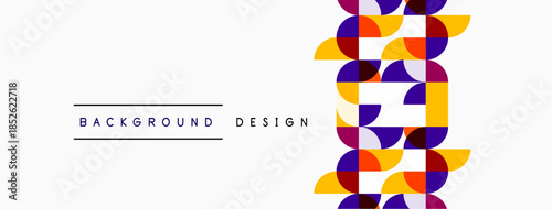 Abstract geometric pattern. Purple, orange, yellow shapes create dynamic visual effect. Minimalist design suitable for backgrounds.