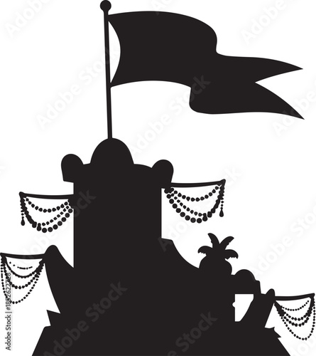 Silhouette of a decorated fort with a waving flag against a white background