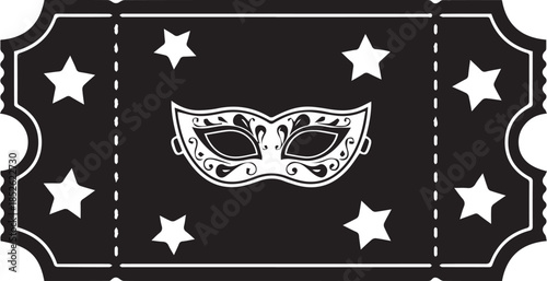 Black and white ticket with masquerade mask and stars
