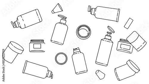 Clean line art illustration of various cosmetic bottles and jars scattered on a white background.