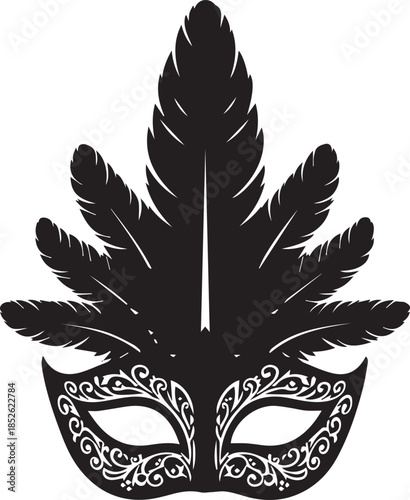 Elegant black masquerade mask with feathers and ornate details