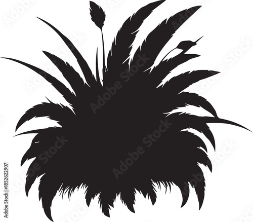 Silhouette of a lush green grass clump with a single flower stalk