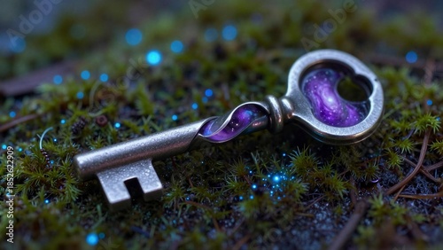 A beautifully crafted key intertwined with a swirling galaxy design, resting on a lush mossy surface.