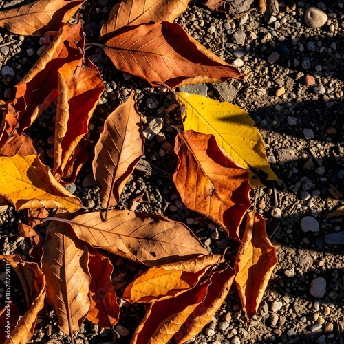 Golden and brown autumn leaves fallen on a textured stone and gravel surface with shadows.