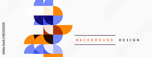 Abstract geometric shapes overlap, creating modern design. Blue, orange, gray tones dominate white background. Minimalist aesthetic.