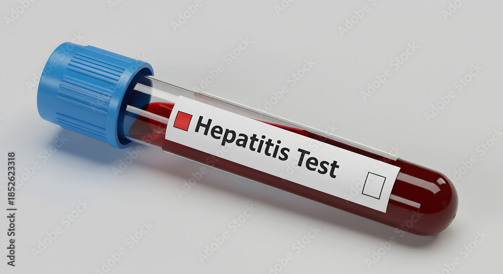 Fototapeta premium Blood sample in test tube labeled Hepatitis Test on white background 