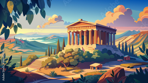 Very beautiful view of the ancient Greek temples in Sicily’s Valley of the Temples, surrounded by open landscape and soft light, reflecting Italy’s deep classical history and heritage.
