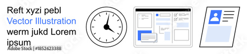 Time management, digital identity, productivity, organization, online forms, scheduling tools. Clock, webpage layout ID icon. Time management and digital identity for enhanced productivity