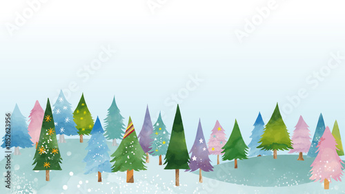 水彩風 かわいい冬景色フレーム(16:9)Winter Series:Watercolor style cute winter landscape frame