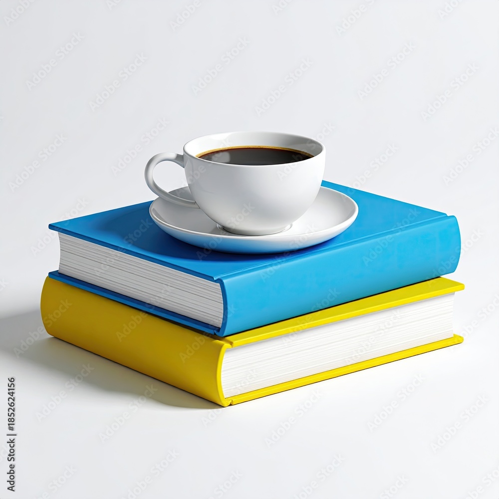 Fototapeta premium A white coffee cup sits atop a stack of two books, one blue and one yellow