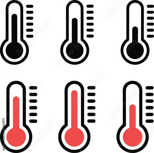 High and low temperature indicators: Six minimalist outline thermometer icons symbolizing heat, cold, health, fever, and climate change data.