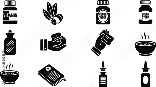 Black and white icons of various medicinal and herbal products