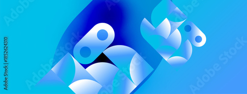 Abstract blue shapes overlap, creating dynamic composition. Gradient hues suggest depth, modern design aesthetic. Minimalist, clean visuals.