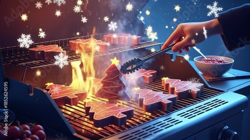 Christmas themed meat steaks grilling on barbecue with abstract snowflakes and stars. Festive holiday season cooking.
