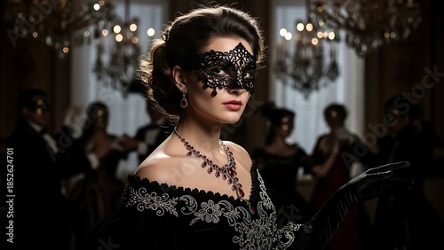 Woman wearing masquerade ball gown mask.