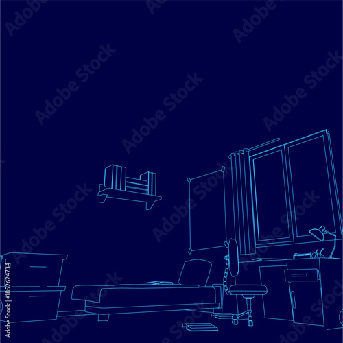 A children's room blueprint in simple contour line art features a central bed with a desk and chair to the right. A cupboard stands to the left, topped by a lamp, with other objects scattered.