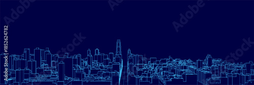 A city skyline blueprint with white building contours stands out against a deep blue background. The stark contrast creates a modern and technical urban design concept.