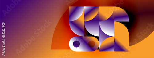 Abstract geometric composition. Orange, purple hues blend, creating dynamic visual effect. Shapes overlap, suggesting depth, movement.