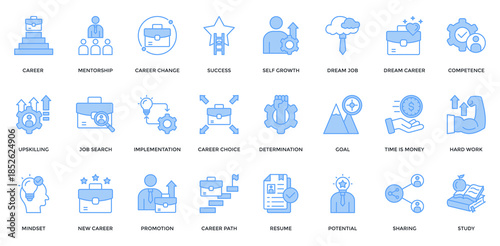 Career Development icon set. Containing career, mentorship, success, upskilling, implementation, promotion icon. Lineal blue style