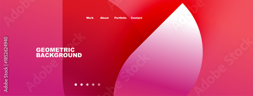 Abstract geometric background. Red, pink, purple gradients dominate design. Navigation links present at top. Minimalist aesthetic.