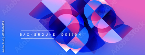 Abstract geometric shapes overlap, creating vibrant gradient effect. Blue, pink, purple hues dominate design. Modern, dynamic composition.