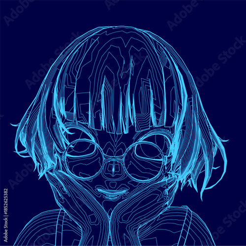 A young girl with glasses in a simple blue contour drawing against a dark blue background. The minimalist illustration focuses on her facial features.