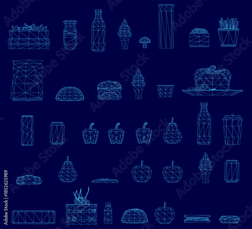 Low poly wireframe foods pack on a blue background, arranged in a vibrant grid with modern and stylish muted color icons.