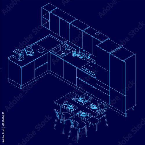 Isometric kitchen interior with table, chairs, and cupboards in contour line style. A sink and tap are visible beside various objects on the table against a deep blue background. Isometric view
