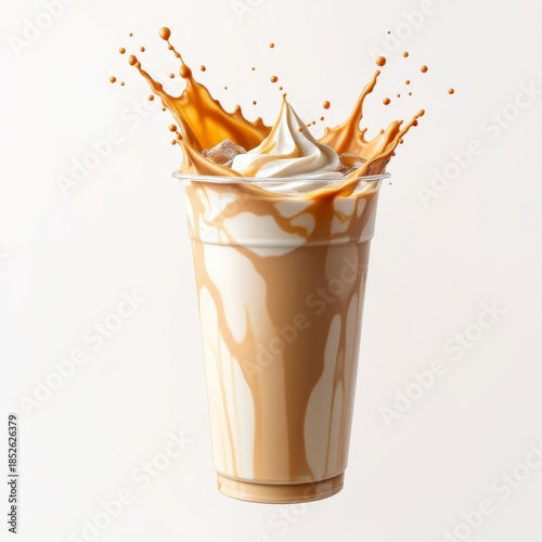 Caramel milkshake with whipped cream and ice splashing on white background