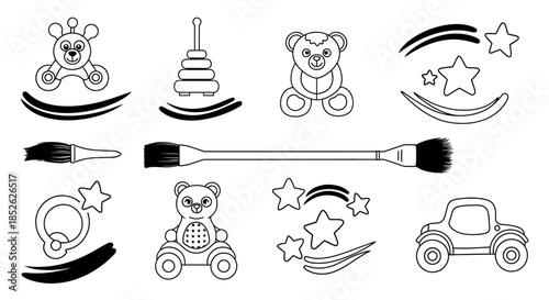 Collection of Hand Drawn Baby Toys and Art Supplies.