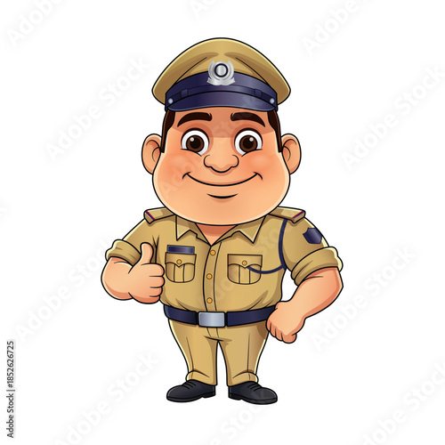 Indian Police Officer Cartoon Character in Khaki Uniform Giving Thumbs Up Vector illustration