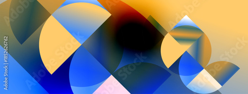 Abstract composition featuring overlapping colorful arcs, gradients, smooth transitions. Warm, cool tones blend creating dynamic visual effect.