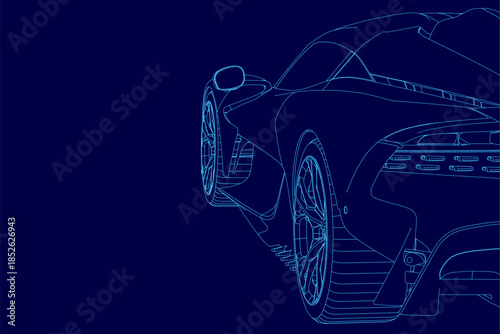 Blueprint of a luxury sports car on a dark blue background, featuring clean contour lines and a technical set design.
